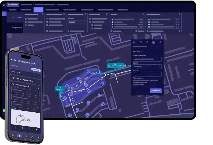 Ein Screenshot von den Ausbauinformationen in der Gridbit Software und die Gridbit-APP als Mockup